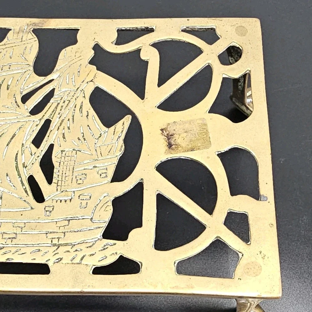 19th Century Victorian trivet, brass, bronze, galeon ship design, claw foot legs
